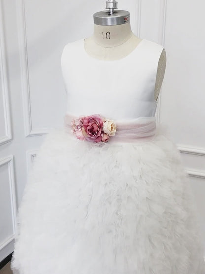 Personalized White Tulle Flower Girl Dresses with Floral Sash |1st Communion Dresses| Girls Formal Dress|Wedding Girl Dress|Birthday Dresses