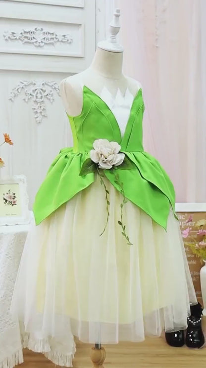 Girls Tiana Princess Costume Dress, Princess and Frog,Green Leaf Tulle Gown, Birthday Outfit &Halloween Cosplay