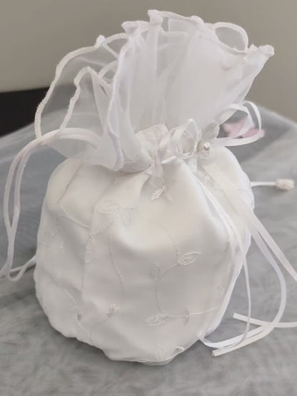Embroidered Satin Bud Drawstring Pouch, Ruffled Tulle Bridal Favor Bag, Wedding Candy Gift Bag