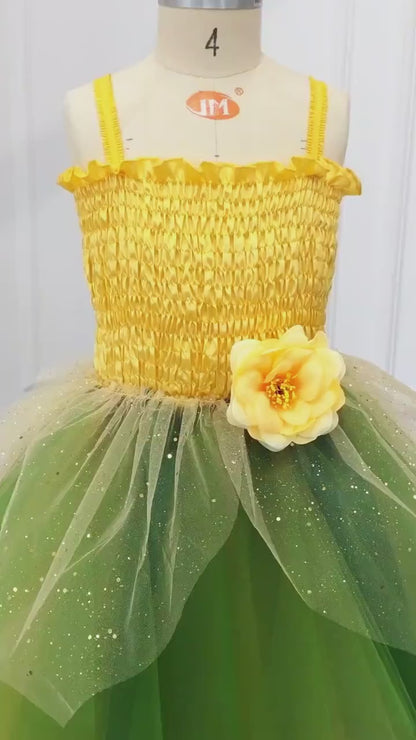 Fairy Tinkerbell Tutu Dress for Girls, Green Yellow Princess Costume, Birthday Party Dress, Halloween Cosplay Outfit, Photo Prop Dress