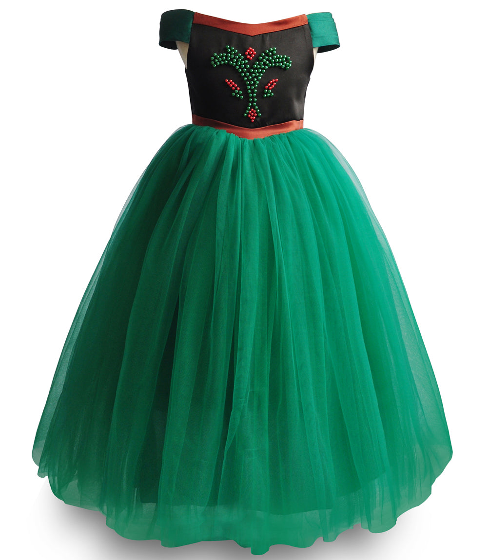 Anna Girls Dresses One-line Collar Costumes Gauze Dress Green Dress Frozen Clothes