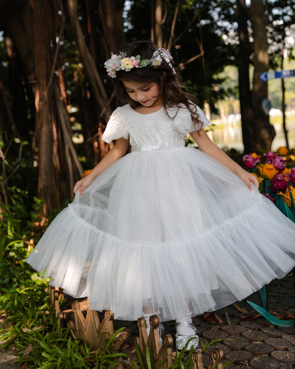 Flower Girl Dresses White Chiffon Vintage Dress Formal Dress Castle Lace Sleeveless Tulle Dress Wedding Bridesmaid Princess Long Dress Birthday Dress