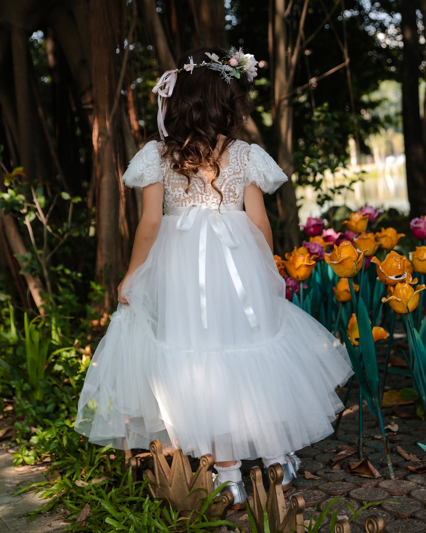 Flower Girl Dresses White Chiffon Vintage Dress Formal Dress Castle Lace Sleeveless Tulle Dress Wedding Bridesmaid Princess Long Dress Birthday Dress