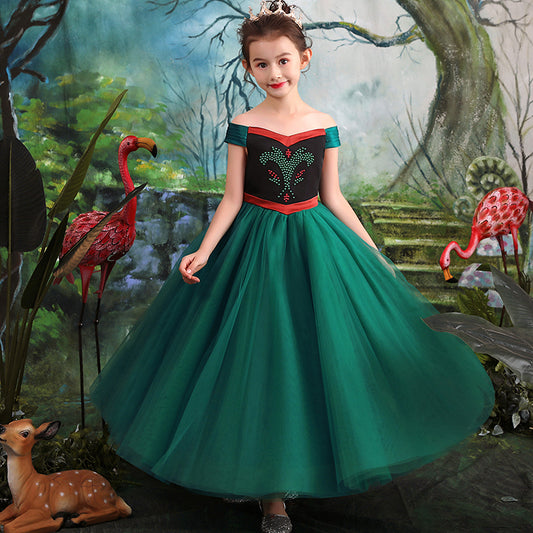 Anna Girls Dresses One-line Collar Costumes Gauze Dress Green Dress Frozen Clothes