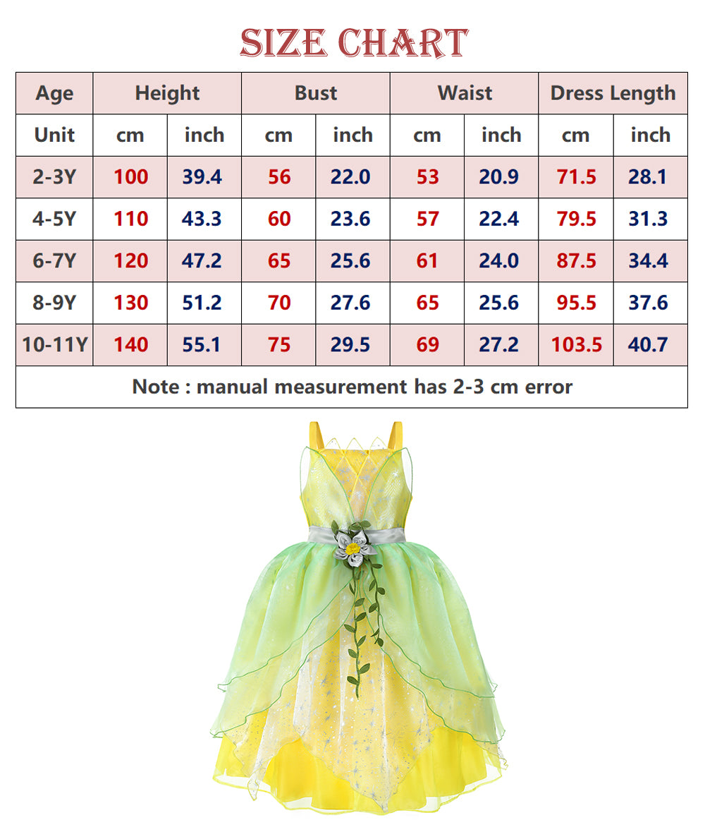 Tiana Costume for Girls Fancy Costume Tiana Dress for Girls Princess Frog Role Play Ball Gown Party Dress up Birthday Cosplay Costume Suit 2-10Y