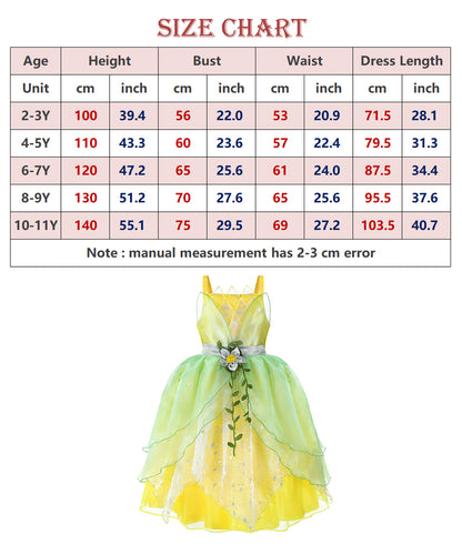 Tiana Costume for Girls Fancy Costume Tiana Dress for Girls Princess Frog Role Play Ball Gown Party Dress up Birthday Cosplay Costume Suit 2-10Y